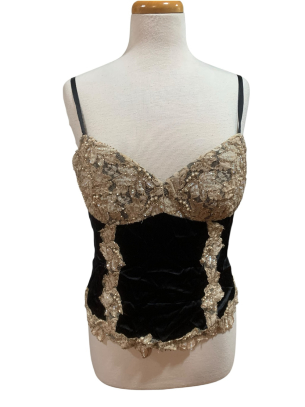 Vtg Y2K Women's Cache Black and Gold Beaded Lace Top, Size 12